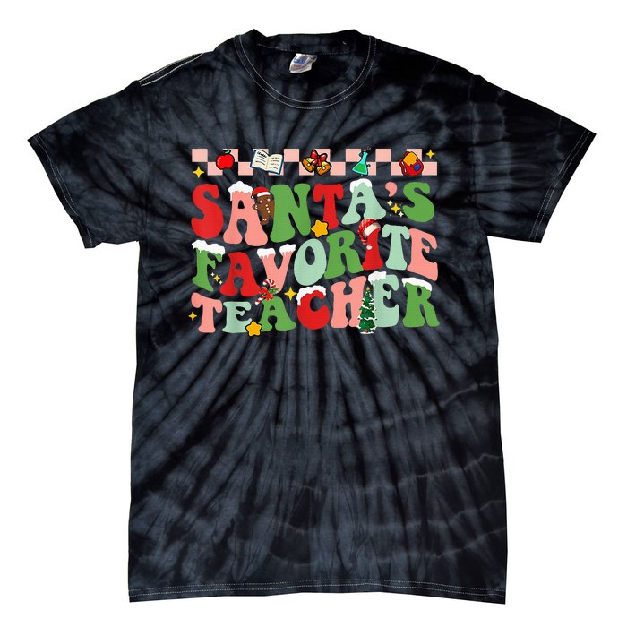 Funny Christmas Santas Favorite Teacher Xmas Retro Pajama Tie-Dye T-Shirt