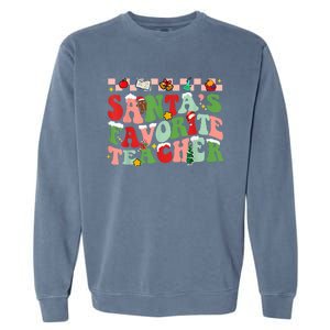 Funny Christmas Santas Favorite Teacher Xmas Retro Pajama Garment-Dyed Sweatshirt