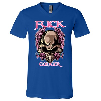 Fuck Cancer Skull And Roses Cancer Survivor Gift V-Neck T-Shirt