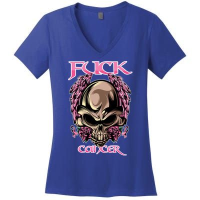 Fuck Cancer Skull And Roses Cancer Survivor Gift Women's V-Neck T-Shirt