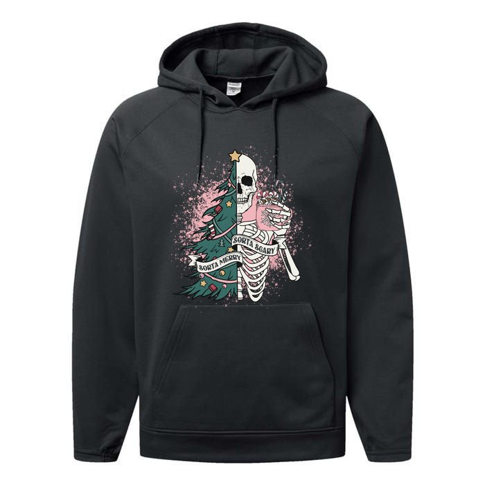 Funny Christmas Sorta Merry Sorta Scary Skeleton Xmas Tree Performance Fleece Hoodie