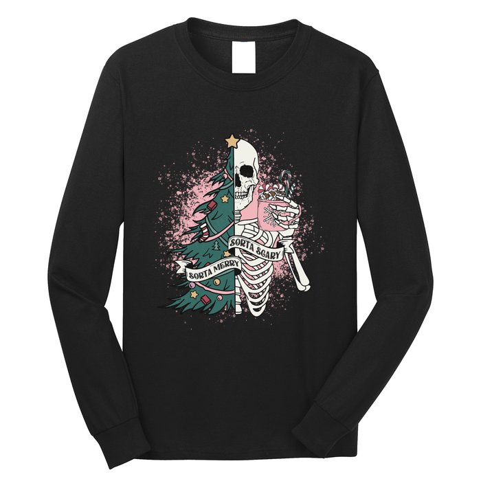 Funny Christmas Sorta Merry Sorta Scary Skeleton Xmas Tree Long Sleeve Shirt