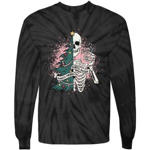 Funny Christmas Sorta Merry Sorta Scary Skeleton Xmas Tree Tie-Dye Long Sleeve Shirt