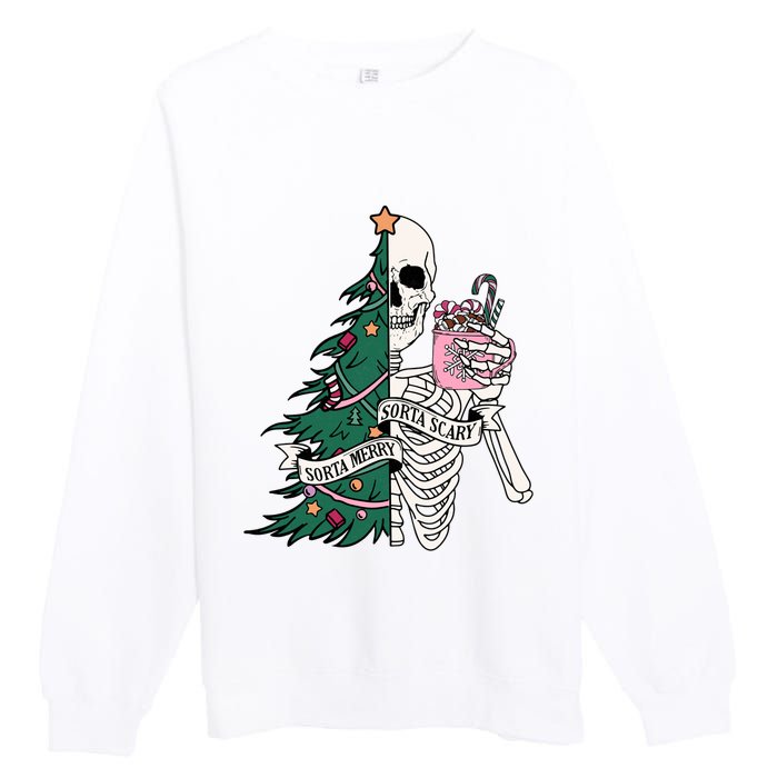 Funny Christmas Sorta Merry Sorta Scary Skeleton Xmas Tree Premium Crewneck Sweatshirt