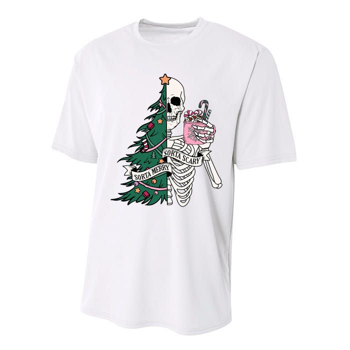 Funny Christmas Sorta Merry Sorta Scary Skeleton Xmas Tree Performance Sprint T-Shirt