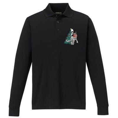 Funny Christmas Sorta Merry Sorta Scary Skeleton Xmas Tree Performance Long Sleeve Polo