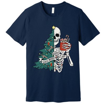 Funny Christmas Sorta Merry Sorta Scary Skeleton Xmas Tree Premium T-Shirt