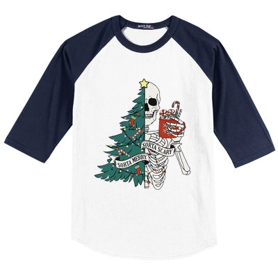 Funny Christmas Sorta Merry Sorta Scary Skeleton Xmas Tree Baseball Sleeve Shirt