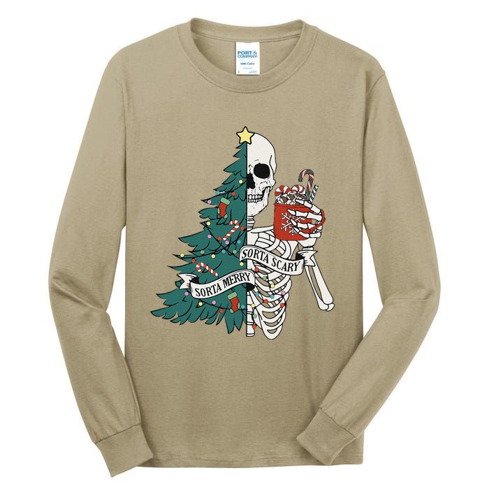 Funny Christmas Sorta Merry Sorta Scary Skeleton Xmas Tree Tall Long Sleeve T-Shirt