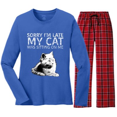 Funny Cat Saying Sorry I Am Late My Cat Was Sitting On Me Cute Gift Women's Long Sleeve Flannel Pajama Set 