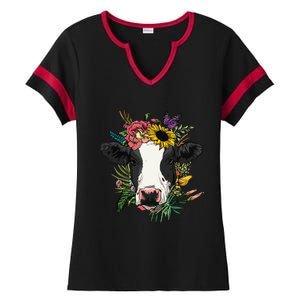 Floral Cow Spring Nature Lovers For Ladies Halftime Notch Neck Tee