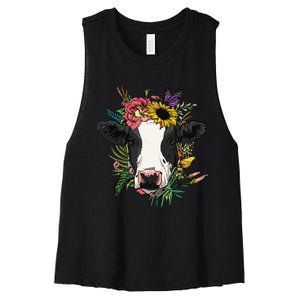 Floral Cow Spring Nature Lovers For Women's Racerback Cropped Tank