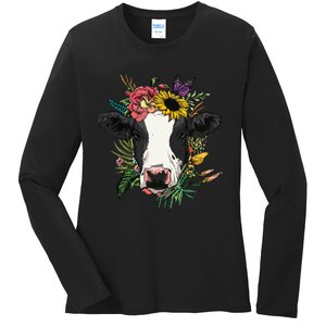 Floral Cow Spring Nature Lovers For Ladies Long Sleeve Shirt