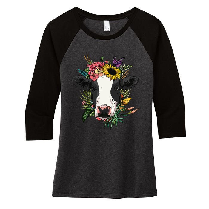 Floral Cow Spring Nature Lovers For Women's Tri-Blend 3/4-Sleeve Raglan Shirt