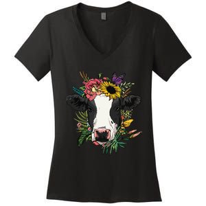 Floral Cow Spring Nature Lovers For Women's V-Neck T-Shirt