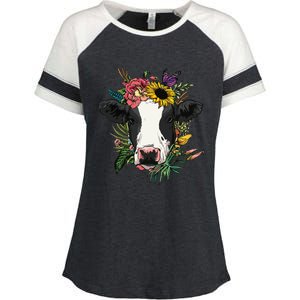 Floral Cow Spring Nature Lovers For Enza Ladies Jersey Colorblock Tee