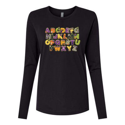 Funny Creepy Spooky Alphabet Letters Womens Cotton Relaxed Long Sleeve T-Shirt