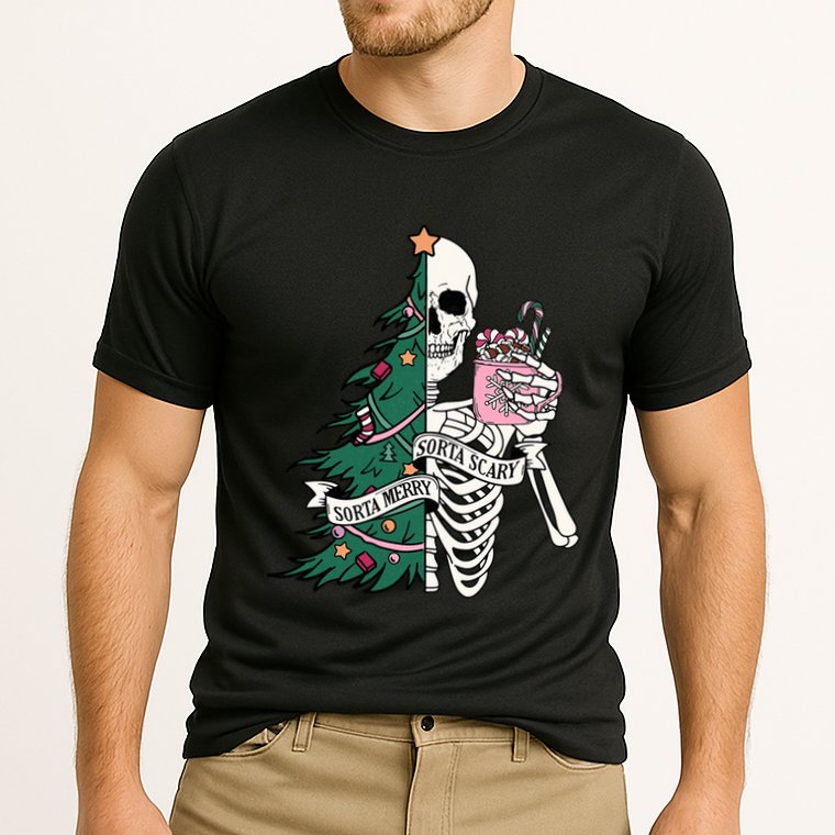 Funny Christmas Sorta Merry Sorta Scary Skeleton Xmas Tree Performance Shirt