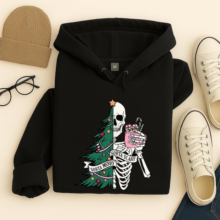 Funny Christmas Sorta Merry Sorta Scary Skeleton Xmas Tree Hoodie