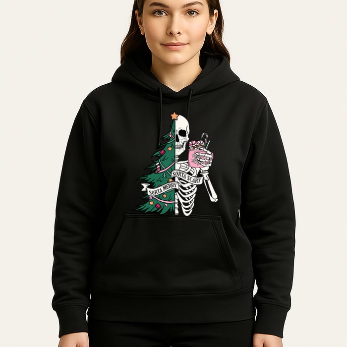 Funny Christmas Sorta Merry Sorta Scary Skeleton Xmas Tree Hoodie