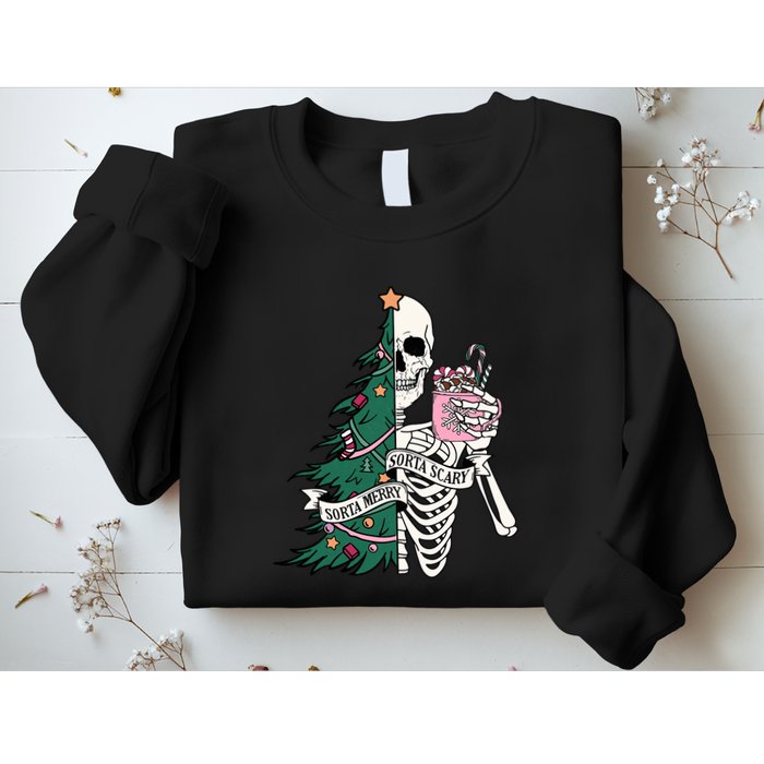 Funny Christmas Sorta Merry Sorta Scary Skeleton Xmas Tree Sweatshirt