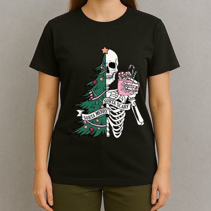 Funny Christmas Sorta Merry Sorta Scary Skeleton Xmas Tree T-Shirt