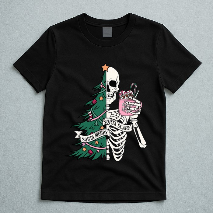 Funny Christmas Sorta Merry Sorta Scary Skeleton Xmas Tree T-Shirt