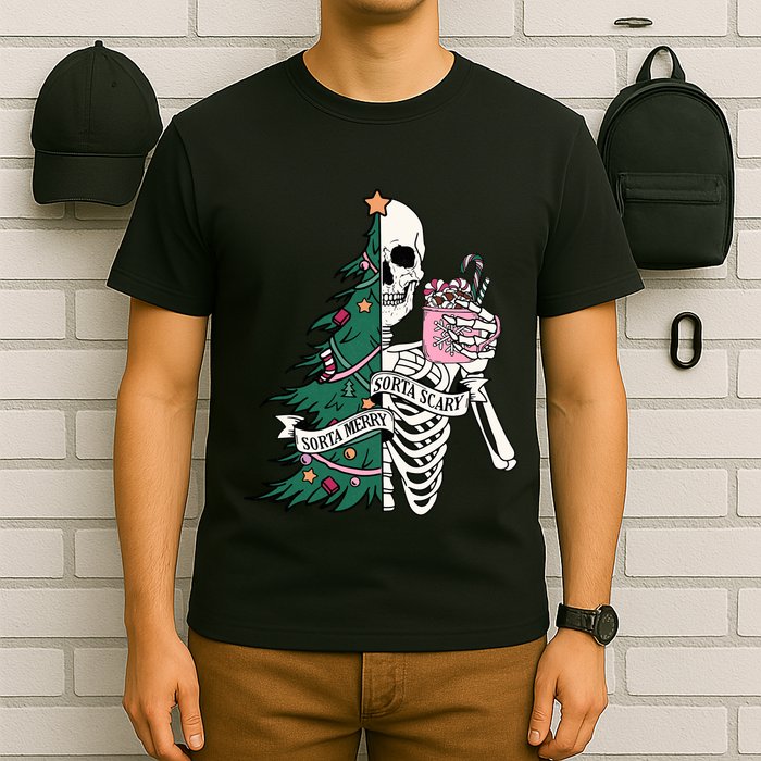 Funny Christmas Sorta Merry Sorta Scary Skeleton Xmas Tree T-Shirt