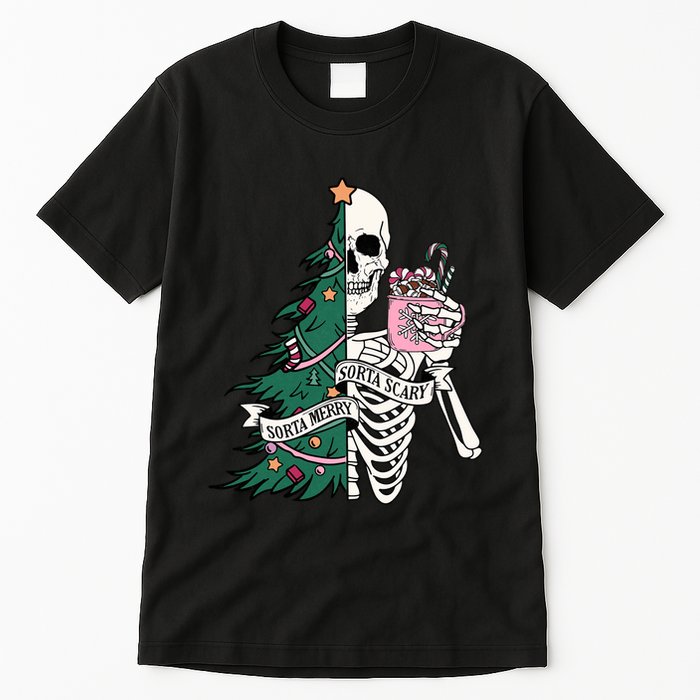 Funny Christmas Sorta Merry Sorta Scary Skeleton Xmas Tree Tall T-Shirt
