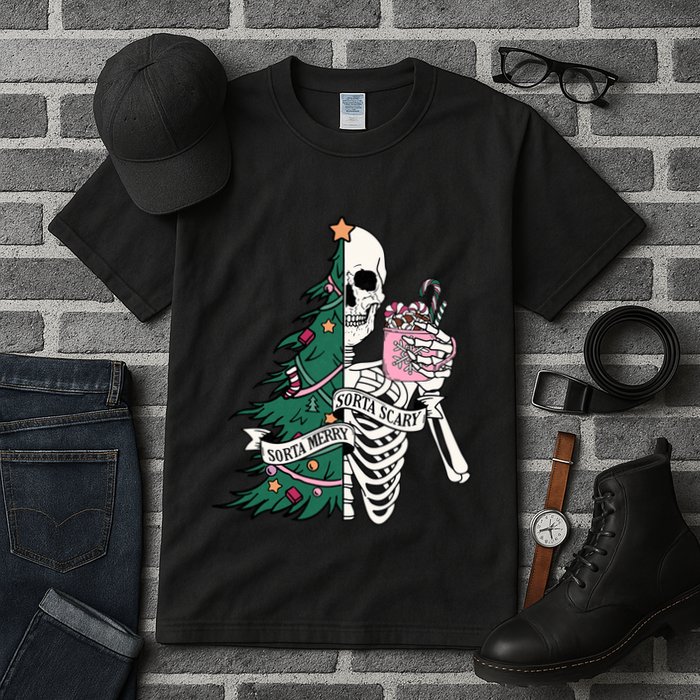 Funny Christmas Sorta Merry Sorta Scary Skeleton Xmas Tree Tall T-Shirt
