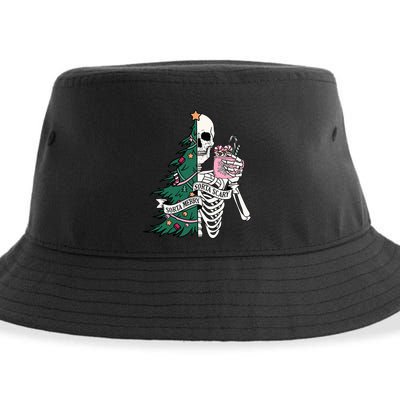 Funny Christmas Sorta Merry Sorta Scary Skeleton Xmas Tree Sustainable Bucket Hat