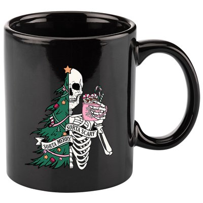Funny Christmas Sorta Merry Sorta Scary Skeleton Xmas Tree 11oz C Handle Ceramic Mug