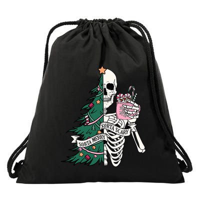 Funny Christmas Sorta Merry Sorta Scary Skeleton Xmas Tree Drawstring Bag