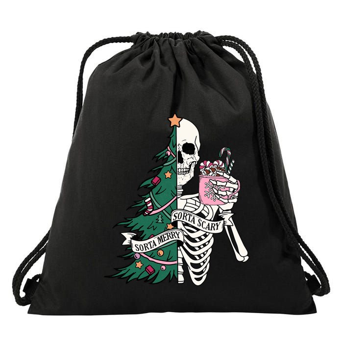 Funny Christmas Sorta Merry Sorta Scary Skeleton Xmas Tree Drawstring Bag