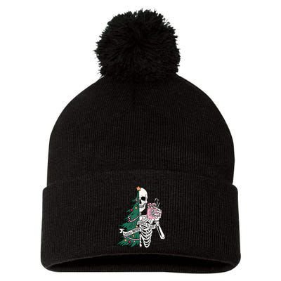 Funny Christmas Sorta Merry Sorta Scary Skeleton Xmas Tree Pom Pom 12in Knit Beanie