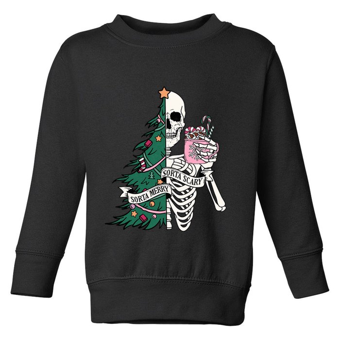 Funny Christmas Sorta Merry Sorta Scary Skeleton Xmas Tree Toddler Sweatshirt