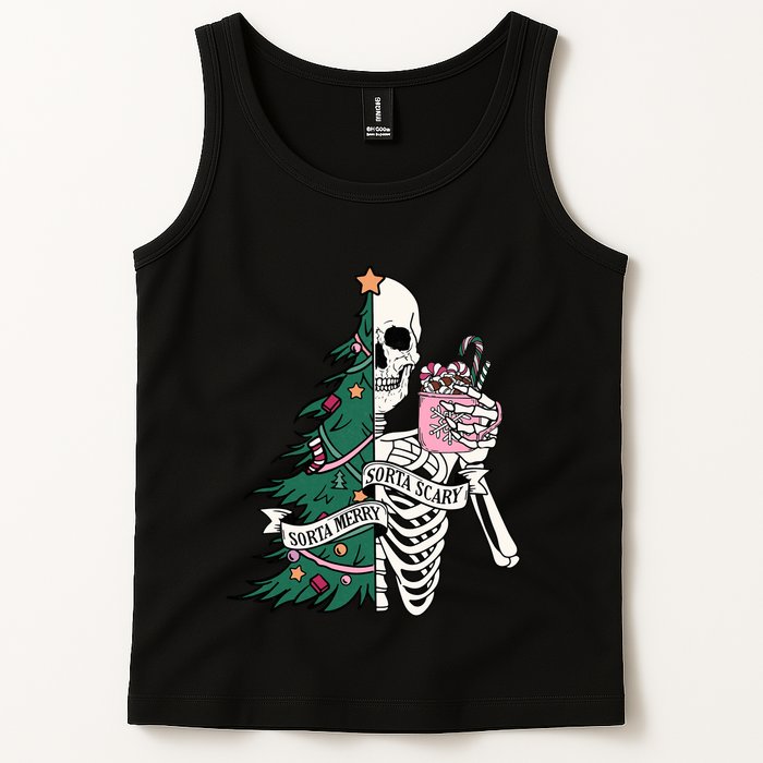 Funny Christmas Sorta Merry Sorta Scary Skeleton Xmas Tree Tank Top