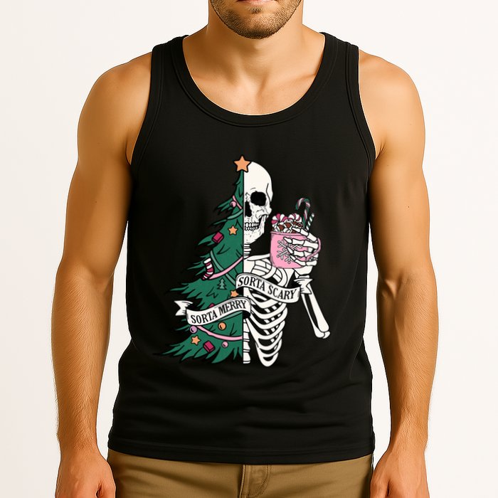 Funny Christmas Sorta Merry Sorta Scary Skeleton Xmas Tree Tank Top