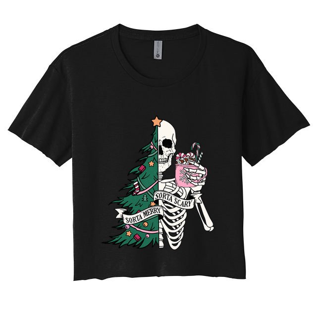 Funny Christmas Sorta Merry Sorta Scary Skeleton Xmas Tree Crop Top