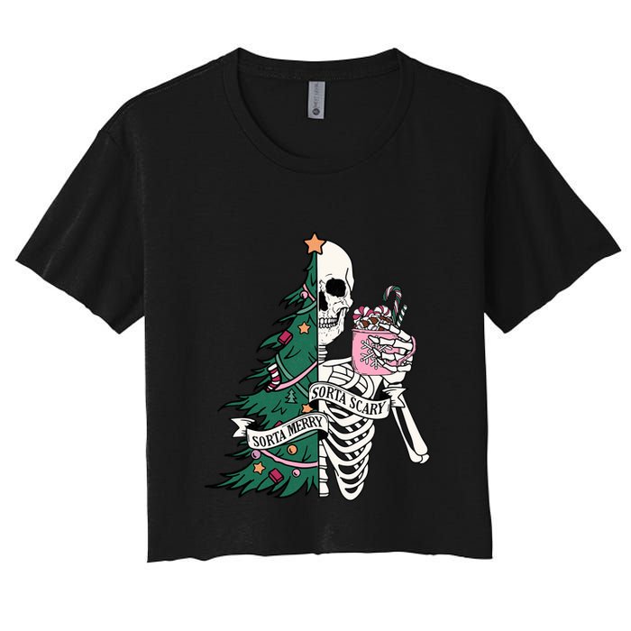 Funny Christmas Sorta Merry Sorta Scary Skeleton Xmas Tree Crop Top