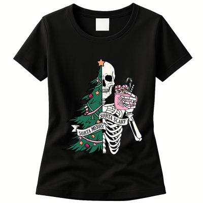Funny Christmas Sorta Merry Sorta Scary Skeleton Xmas Tree Womens T-Shirt
