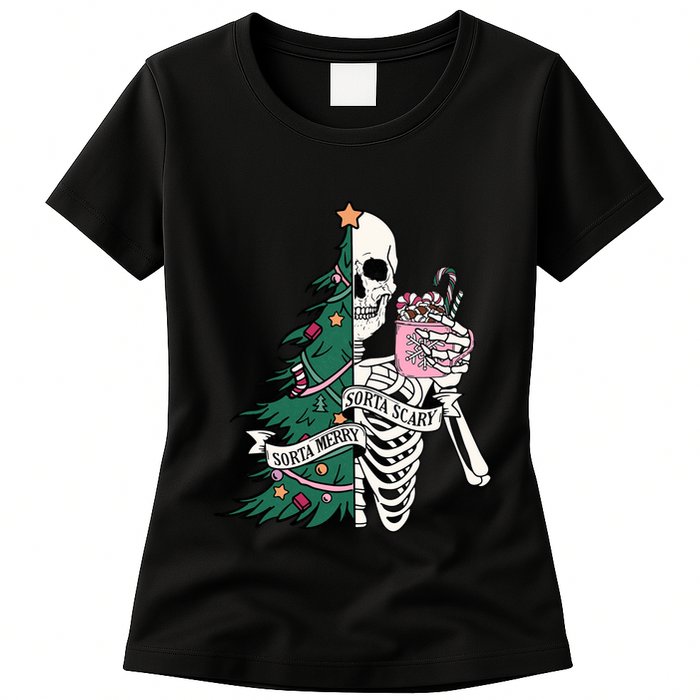 Funny Christmas Sorta Merry Sorta Scary Skeleton Xmas Tree Womens T-Shirt