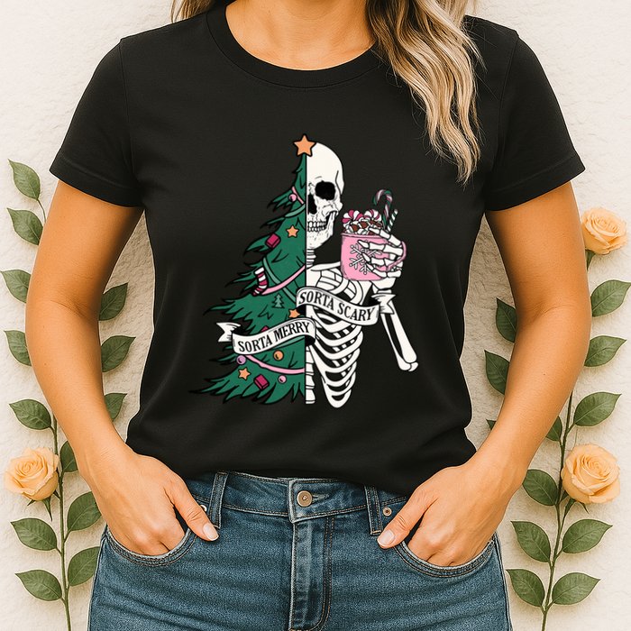Funny Christmas Sorta Merry Sorta Scary Skeleton Xmas Tree Womens T-Shirt