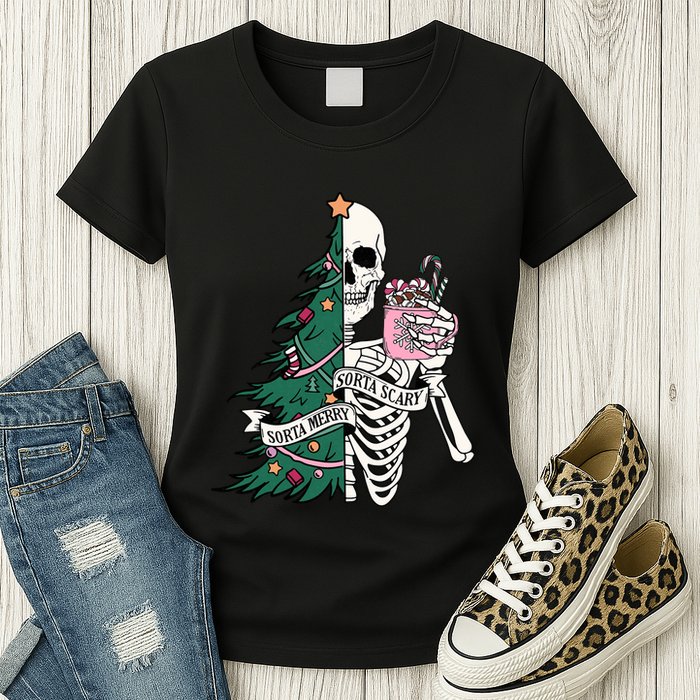 Funny Christmas Sorta Merry Sorta Scary Skeleton Xmas Tree Womens T-Shirt