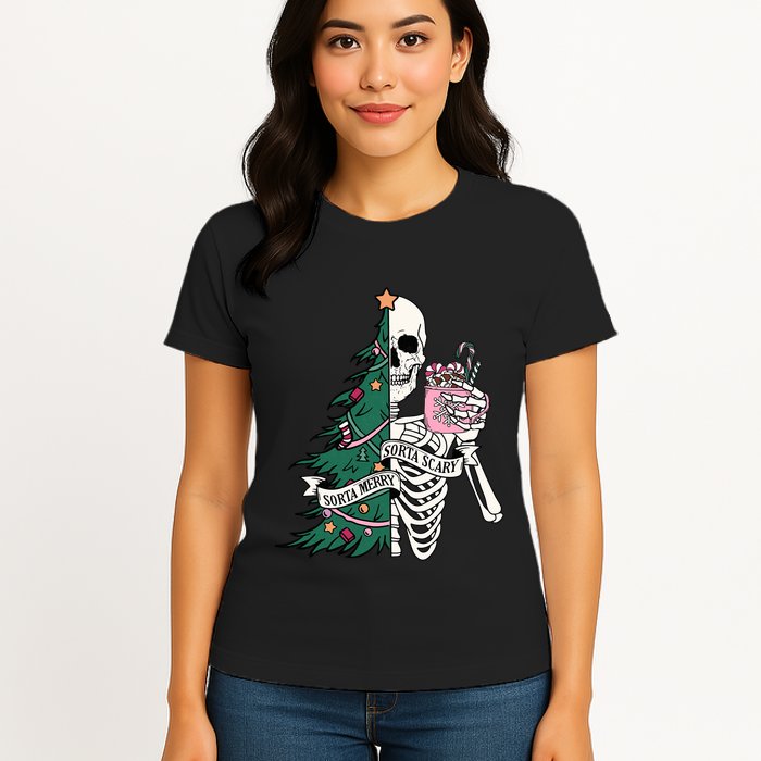 Funny Christmas Sorta Merry Sorta Scary Skeleton Xmas Tree Womens T-Shirt