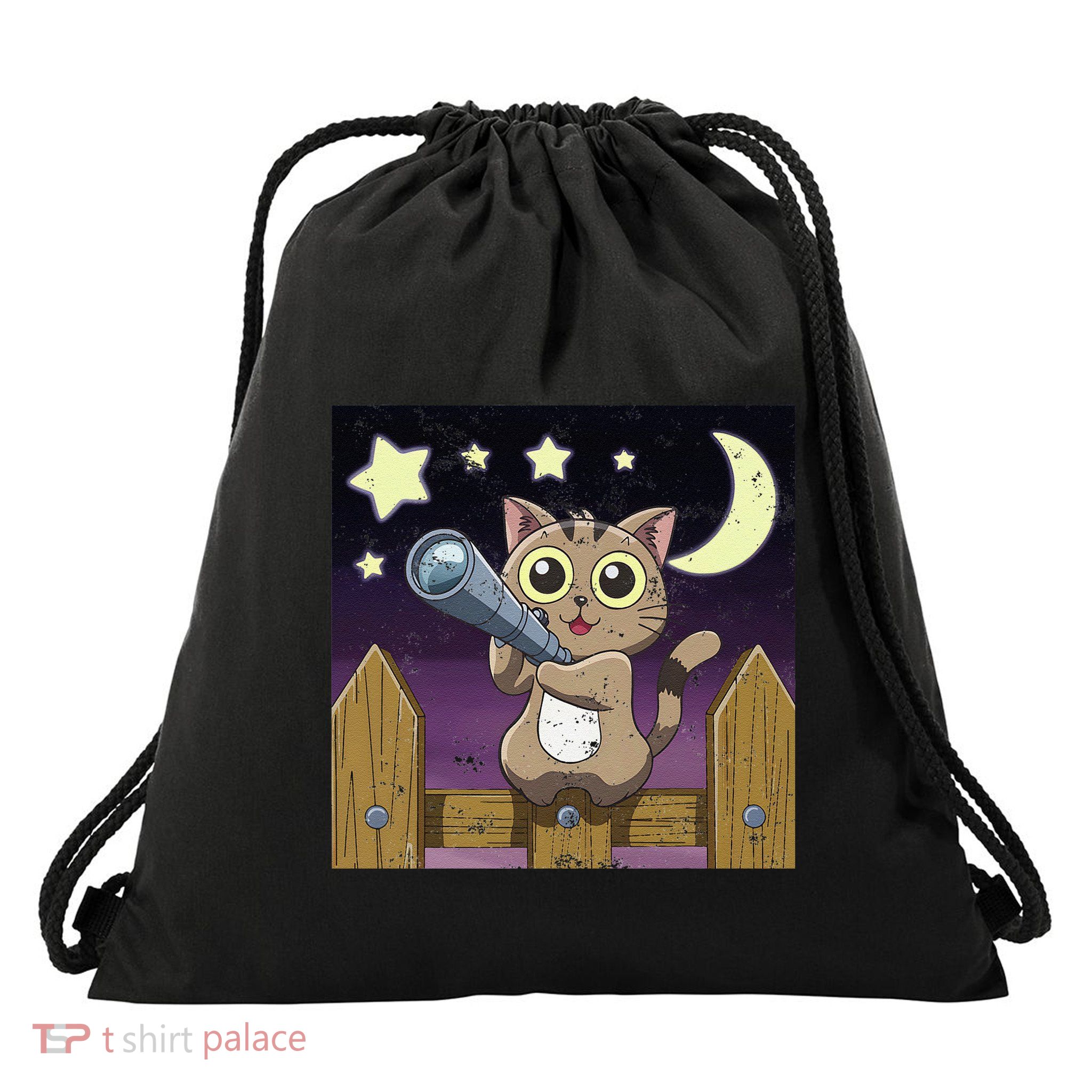 Funny Cat Stargazing With Telescope Drawstring Bag