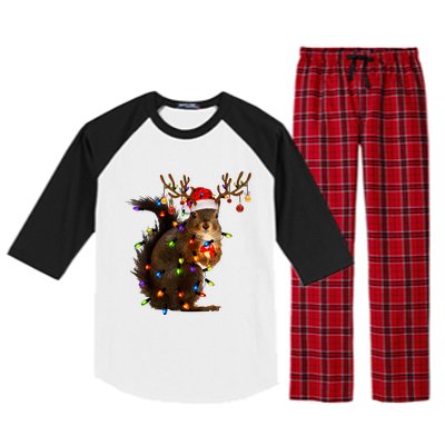 Funny Christmas Squirrel Lights Reindeer Christmas Costume Raglan Sleeve Pajama Set