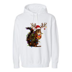 Funny Christmas Squirrel Lights Reindeer Christmas Costume Garment-Dyed Fleece Hoodie