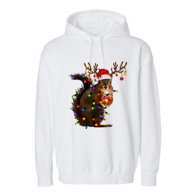 Funny Christmas Squirrel Lights Reindeer Christmas Costume Garment-Dyed Fleece Hoodie