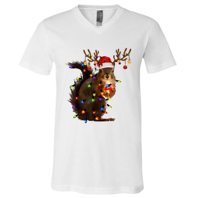 Funny Christmas Squirrel Lights Reindeer Christmas Costume V-Neck T-Shirt